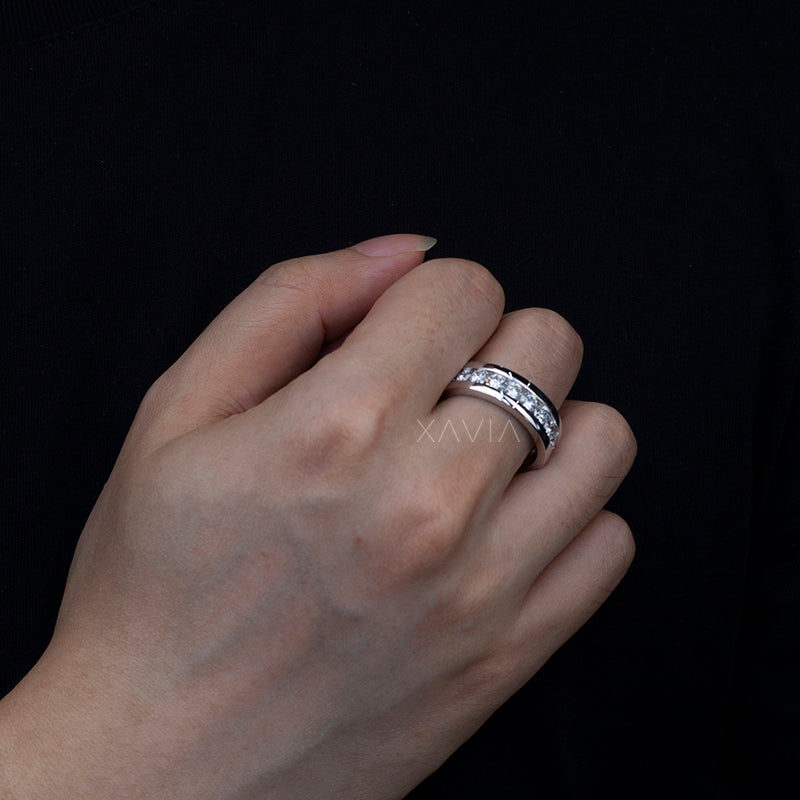 Bold flat profile lab-grown eternity ring worn on hand